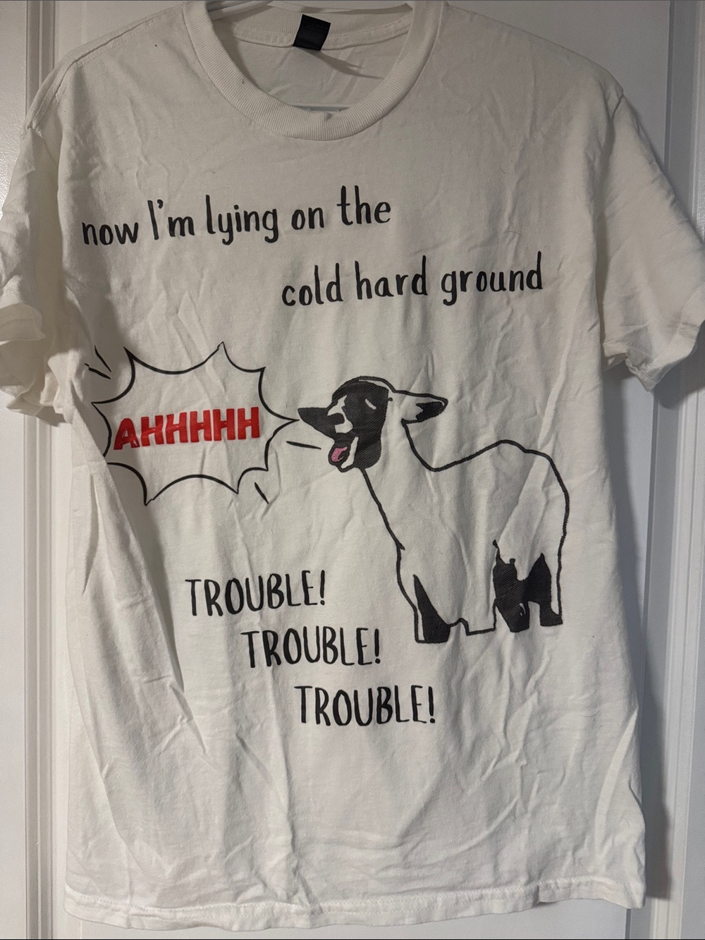 Gildan White Tee “I Knew You Were Trouble” funny goat shirt